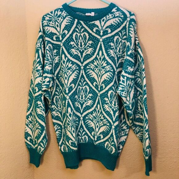 Vintage Men's Sweater Size Large Green White Wool Blend Made in Italy 80s Style - Picture 1 of 6